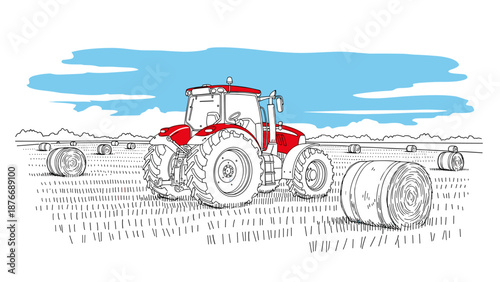Red tractor in field with blue sky and hay bales in line art style