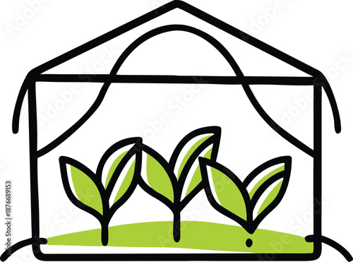 Colorful Line Art Greenhouse Farming Scene with Vibrant Agriculture Icons