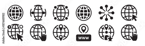 Internet and global technology icons featuring earth connections links data transfer and mouse click