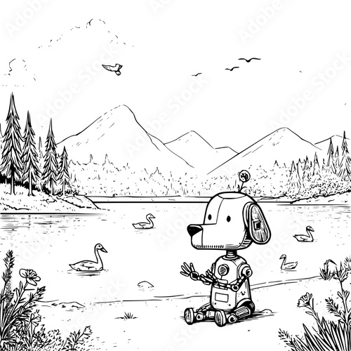 Robot Dog Sitting by Lake with Swans and Mountains