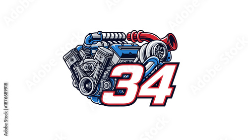 Turbocharged V8 Engine with Number 34 - Automotive Power.