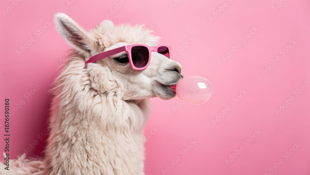 Fototapeta premium Cute Lama Alpaca With Bubblegum In Trendy Pink Sunglasses