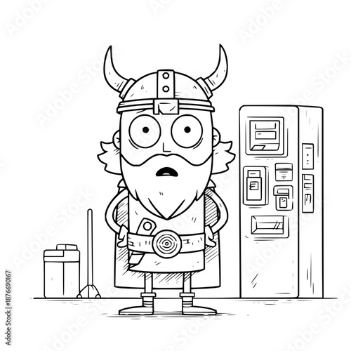 Shocked Viking Cartoon Character Standing by Vending Machine