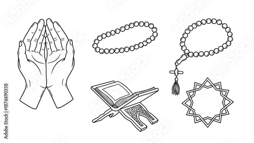 Collection of hand-drawn Islamic religious symbols depicting devotion and prayer, including hands, prayer beads, and the Holy Quran, representing spiritual practice and faith