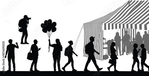 People walking towards a crowded event with balloons and camera in hand