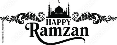 Elegant black and white graphic design featuring traditional calligraphy wishing happy Ramzan greetings to everyone