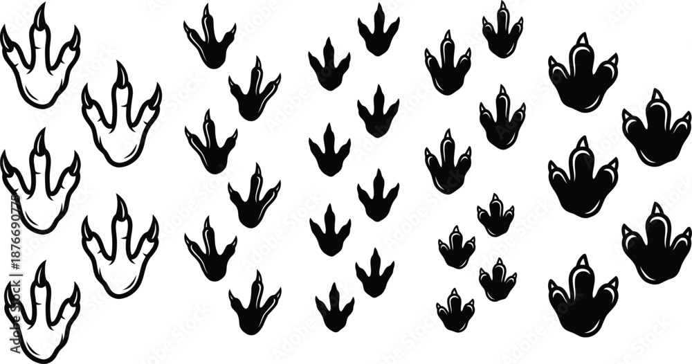 Fototapeta premium Dinosaur Paw Silhouette Vector Set – Prehistoric Three-Toed Footprint Illustration