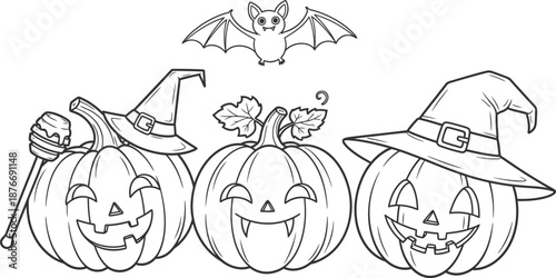 Halloween pumpkins and bat illustration with witch hat for coloring page