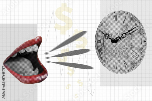 Halftone collage of cut out clock and screaming mouth. Time is money