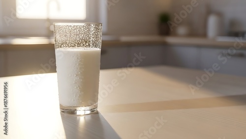 Fresh Cold Milk in Glass with Water Droplets on Kitchen Table