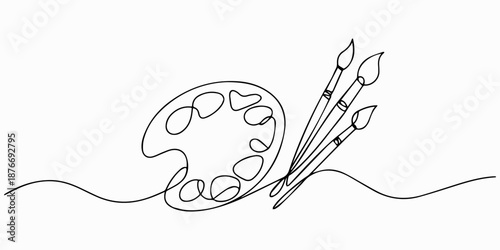 brushes and palette, continuous one  line art drawing Palette with paints and brush vector illustration, Palette and paint brush continuous one line drawing vector illustration, Continuous one line