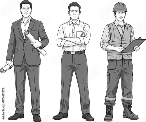 Vector illustration of three men in different professions