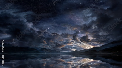 Emotional Night Sky with Dark Clouds and Twinkling Stars Reflection
