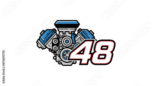 Racing V8 Engine with Number 48 - High Performance Automotive Power Graphic Icon.