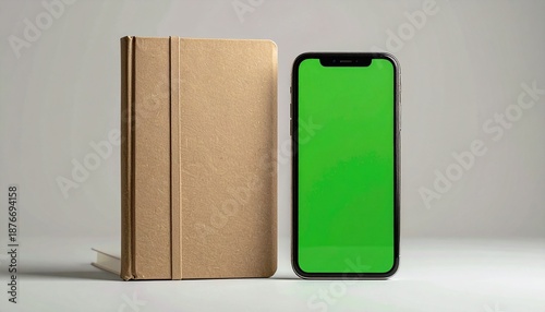 A smartphone with a green screen stands next to a brown notebook on a white surface.