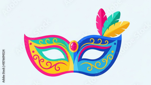 Colorful masquerade mask with feathers festive Venetian carnival symbol for party invitation and celebration design isolated on white