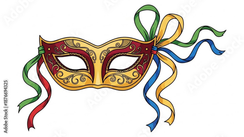 Ornate Venetian carnival mask with colorful ribbons traditional masquerade costume element for festive events and celebrations isolated on white