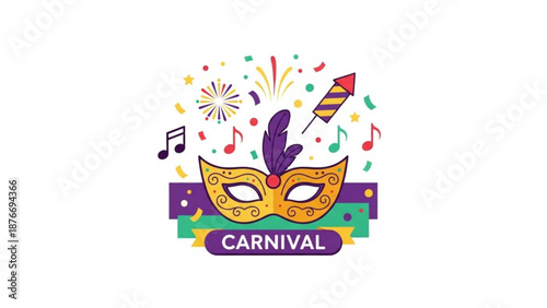 Golden carnival mask with feathers and confetti celebrating festive event with fireworks and music notes flat vector illustration for party invitation