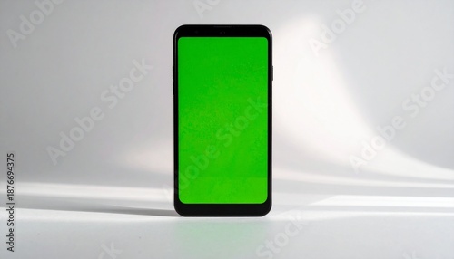 A modern black smartphone with a green screen on a neutral background