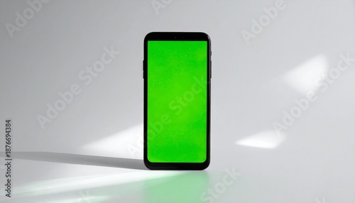 A modern black smartphone with a green screen lies flat on a neutral light background with soft shadows