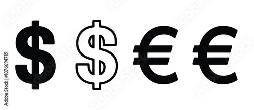 International finance icons including solid and outlined currency symbols, dollar and euro signs, showcasing global currency, banking, investment, business, and financial data,