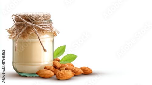 Healthy organic peanuts and almonds are isolated in a white glass jar as a natural vegetarian snack and nutritious seed ingredient for a diet
