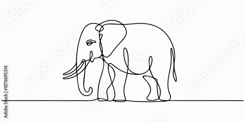 elephant, Continuous one line drawing of an elephant with large ears and a protruding trunk, representing strength and wisdom, line art style vector illustration, continuous line drawing of elephants