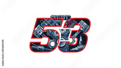 Retro Automotive Number 53 Logo Featuring Engine Parts - Speed  Performance Design.