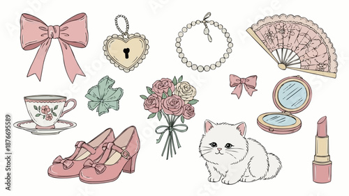 Charming Vintage Accessories and Cute Kitten Illustration.