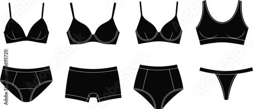 Vector illustration of women’s underwear silhouettes—symbols for fashion, lingerie, style, comfort, garment design, femininity, variety, and intimate apparel diversity