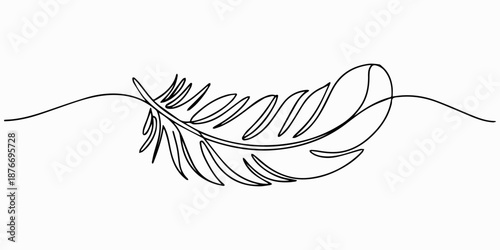 Bird feather continuous one line drawing minimalist style on white background, Continuous bird feather one line drawing of feather isolated outline vector, Single line drawing illustration of Bird