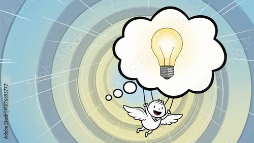 Cartoon bird with wings flying with a bright idea lightbulb in a thought bubble.