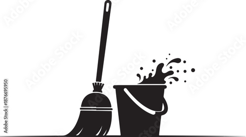 Cleaning tools silhouette with broom and bucket splash
