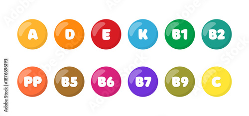 Vitamins vector set. Multivitamin complex icons.