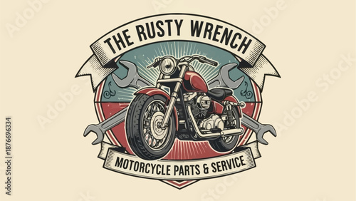 Vintage Motorcycle Parts and Service Emblem with Wrench and Banner.