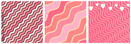 Pink Valentines day geometric wave and stripes background collection. Valentines day wave poster, social media post layout, quiz backdrop, square banner design template set