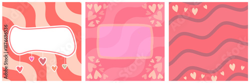 Pink Valentines day geometric wave and stripes background collection. Valentines day wave poster, social media post layout, quiz backdrop, square banner design template set