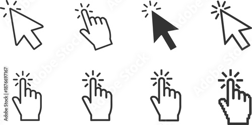 Collection of computer mouse cursor and hand icons for web design and user interface