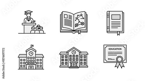 Education Line Icons Set University School Graduation Learning and Diploma Symbols