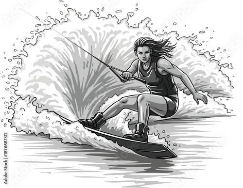 Vector illustration of a woman wakeboarding on a vector graphic wave