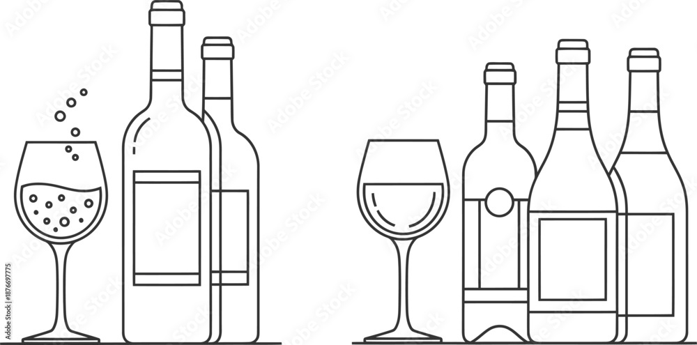 Obraz premium Wine bottles and glasses illustration with sparkling and still wine