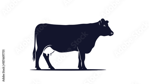 Solid black silhouette of a dairy cow standing sideways on a flat surface against a perfectly clean white background for farming use.