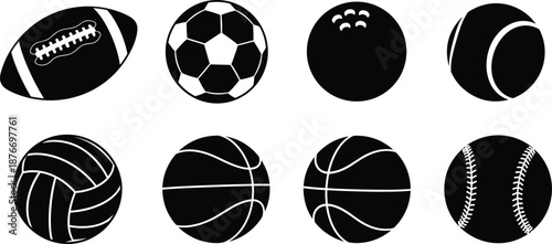 Black and White Vector Sports Ball Icons Set Featuring Football Soccer Basketball Baseball Volleyball Tennis and Bowling Elements for Athletic Branding Equipment and Physical Fitness