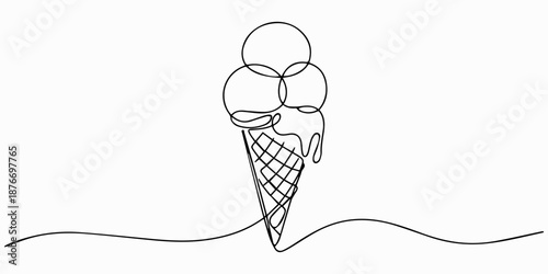 ice cream, Ice cream, gelato one line vector sketch, continuous outline illustration. one line Icon drawing, Continuous one line drawing of Ice cream gelato. Ice cream with cone in single line draw