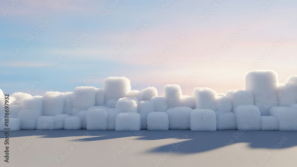 Fototapeta premium Abstract cityscape of soft white cubes under a serene dawn or dusk sky
