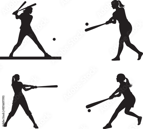 Dynamic Female Baseball and Softball Player Silhouettes in Various Batting Poses, Vector Illustration and Clip art