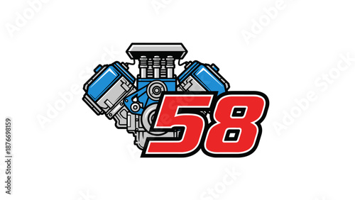 V8 Engine with Number 58 Logo - Racing Hot Rod Muscle Car Speed  Power Design.