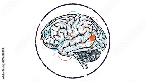 Detailed anatomical illustration of a human brain is framed within a distressed circular border with colorful abstract elements.