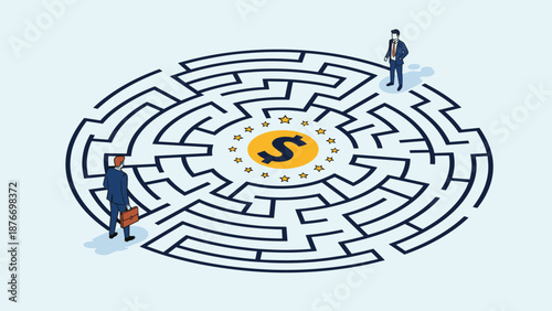 Two businessmen standing at the entrances of a complex circular maze look towards a large golden dollar coin in the center.