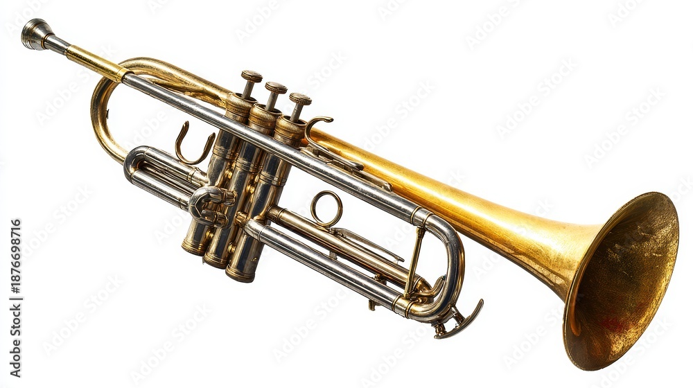 Obraz premium Shiny brass trumpet music instrument with gold mouthpiece and valves isolated on white and black background for jazz band or orchestra entertainment